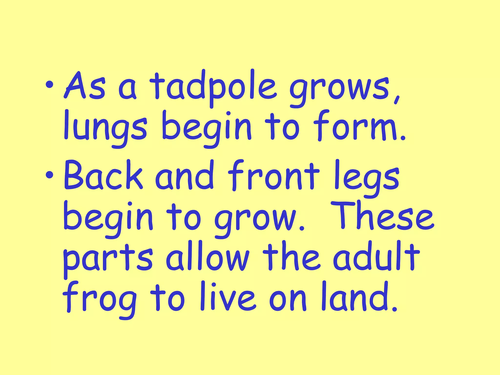 •As a tadpole grows,
lungs begin to form.
•Back and front legs
begin to grow. These
parts allow the adult
frog to live on land.
 
