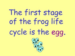 The first stage
of the frog life
cycle is the egg.