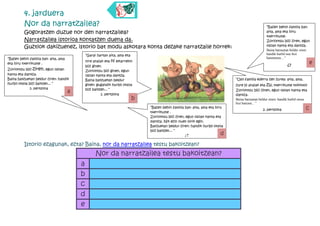 4. jarduera
          Nor da narratzailea?                                                                                                                      “Bazen behin familia bat:
          Gogoratzen duzue nor den narratzailea?                                                                                                    aita, ama eta hiru
                                                                                                                                                    txerrikume.
          Narratzailea istorioa kontatzen duena da.                                                                                                 Zoriontsu bizi ziren, egun
          Guztiok dakizuenez, istorio bat modu askotara konta dezake narratzaile horrek:                                                            osoan kanta eta dantza.
                                                                                                                                                    Baina batzuetan beldur ziren:
                                              “Garai hartan aita, ama eta                                                                           handik hurbil neu bizi
“Bazen behin familia bat: aita, ama                                                                                                                 bainintzen... “
                                              nire anaiak eta ni elkarrekin
eta hiru txerrikume .
                                                                                                                                                                  ¿?
                                                                                                                                                                                   e
                                              bizi ginen.
Zoriontsu bizi ziren , egun osoan             Zoriontsu bizi ginen, egun
kanta eta dantza.                             osoan kanta eta dantza.
Baina batzuetan beldur ziren: handik          Baina batzuetan beldur                                                           “Oso familia ederra zen zurea: aita, ama,
hurbil otsoa bizi baitzen... “                ginen: gugandik hurbil otsoa                                                     zure bi anaiak eta zu, txerrikume txikitxo!
             3. pertsona                      bizi baitzen... “
                                      a                 1. pertsona
                                                                                                                               Zoriontsu bizi zinen, egun osoan kanta eta
                                                                                                                               dantza.
                                                                            b                                                  Baina batzuetan beldur zinen: handik hurbil otsoa
                                                                                                                               bizi baitzen... “
                                                                                “Bazen behin familia bat: aita, ama eta hiru
                                                                                                                                                 2. pertsona                   c
                                                                                txerrikume .
                                                                                Zoriontsu bizi ziren, egun osoan kanta eta
                                                                                dantza. Nik ezin nuen lorik egin.
                                                                                Batzuetan beldur ziren: handik hurbil otsoa
                                                                                bizi baitzen... “
                                                                                                    ¿?                    d

          Istorio ezagunak, ezta? Baina, nor da narratzailea testu bakoitzean?
                                                    Nor da narratzailea testu bakoitzean?
                                          a
                                          b
                                          c
                                          d
                                          e
 