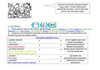 Istorioak kontatuko ditugula erabaki
                                                                               dugu, baina...nondik hasiko gara?
                                                                            Lehenengo eta behin, istorio edo ipuin
                                                                                 bat zer den aztertuko dugu:




1. jarduera
"    Testu batzuk irakurri edo entzun egingo ditugu. (hasierako eskutitza, gaur eguneko albiste bat, azalpen-testua
Halloweeni buruz , Jack o`lantern , hau da Halloween kalabaza, edo bola magiko bat egiteko jarraibideak, ipuintxo bat)
 " Hausnartu ea horietariko bakoitzak zertarako balio duen: horretarako, hirunaka elkartu eta
 honako txantiloi hau beteko duzue:
                                   Zertarako erabiltzen dira...?
...azalpen testuak?                   ·                          ·  Urrun dagoen lagun bati
“Halloween”                                                            zerbait kontatzeko.
...eskutitzak?                        ·                          ·   Gertatutakoaz zehatz-
“Gutun misteriotsua”                                                  mehatz informatzeko.
...jarraibide testuak?                ·                          · Pausoz pauso irakasteko lan
"How to make a jack-o'-lantern" edo                                    bat nola egiten den.
"Egingo ditugu bola magiko batzuk?"
...ipuinak?                           ·                          ·        Gai baten atal
“Iturralaba”                                                       garrantzitsuenak azaltzeko.
...albisteak?                         ·                          ·    Asmatutako istorioak
“Berria egunkariko azaleko albistea”                                       kontatzeko.
 