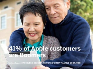 !
!
!!
!
!
!
!
!
41% of Apple customers
are Boomers
Nielsen Report: INTRODUCING BOOMERS: MARKETING'S MOST VALUABLE GENERATION
 