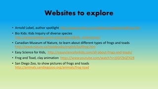 Websites to explore
• Arnold Lobel, author spotlight http://www.nature.ca/notebooks/english/bullfrog.htm
• Bio Kids: Kids Inquiry of diverse species
http://www.biokids.umich.edu/critters/Bufo_americanus/
• Canadian Museum of Nature, to learn about different types of frogs and toads
http://www.nature.ca/notebooks/english/bullfrog.htm
• Easy Science for Kids, http://easyscienceforkids.com/all-about-frogs-and-toads/
• Frog and Toad, clay animation https://www.youtube.com/watch?v=jSGFZbQTX28
• San Diego Zoo, to show pictures of frogs and toads
http://animals.sandiegozoo.org/animals/frog-toad
 