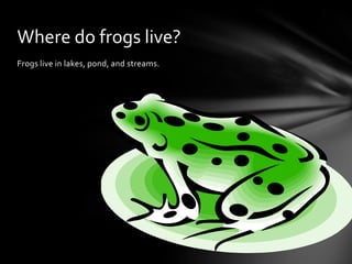 Frogs live in lakes, pond, and streams.Where do frogs live?