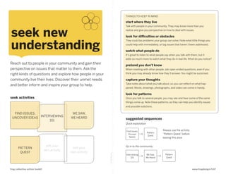 THINGS TO KEEP IN MIND

                                                                                 start where they live
                                                                                 Talk with people in your community. They may know more than you


seek new                                                                         realize and give you perspective on how to deal with issues.

                                                                                 look for difficulties or obstacles


understanding
                                                                                 They could be problems your group can solve. Note what little things you
                                                                                 could help with immediately, or big issues that haven’t been addressed.

                                                                                 watch what people do
                                                                                 It’s great to listen to what people say when you talk with them, but it
                                                                                 adds so much more to watch what they do in real life. What do you notice?
Reach out to people in your community and gain their                             pretend you don’t know
perspective on issues that matter to them. Ask the                               When meeting with other people, ask open-ended questions, even if you
right kinds of questions and explore how people in your                          think you may already know how they’ll answer. You might be surprised.

community live their lives. Discover their unmet needs                           capture your thoughts
                                                                                 Take notes about what you talk about, so you can reflect on what hap-
and better inform and inspire your group to help.
                                                                                 pened. Words, drawings, photographs, and video can come in handy.

                                                                                 look for patterns
seek activities                                                                  Once you talk to several people, you may see and hear some of the same
                                                                                 things come up. Note these patterns, as they can help you identify issues
                                                                                 and possible solutions.

  FIND ISSUES,                                   WE SAW,
               INTERVIEWING
 UNCOVER IDEAS                                  WE HEARD                         suggested sequences
                    101
                                                                                 Quick exploration

                                                                                 Find Issues,                     Always use the activity
                                                                                                     Pattern
                                                                                   Uncover                        “Pattern Quest” before
                                                                                                      Quest
                                                                                    Needs                         leaving this area.


                                  add your                                       Go in to the community
       PATTERN                                   add your
                                 own activity
        QUEST                                   own activity
                                                               fold along line




                                                                                 Interviewing      We Saw,          Pattern
                                                                                      101          We Heard          Quest




frog collective action toolkit                                                                                                              www.frogdesign/CAT
 