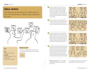 IMAGINE ACTIVITY 2                                                                                                                                                              IMAGINE ACTIVITY 2

                                                                                                       1   Grab your ideas from an earlier activity.

idea remix                                                                                                 Divide your group into teams of two and
                                                                                                           give them two random ideas. Have each
                                                                                                           team combine them in different ways.
Take ideas your group already has, whether good or                                                         (For example: garden hose + cell phone =
                                                                                                           remote-controlled sprinkler system!) Title
bad, and combine them in different ways to generate
                                                                                                           and sketch each new idea on an individual
new ones.                                                                                                  slips of paper.

IMAGINE: Idea Remix
                                                                                                       2   After 20 minutes of coming up with new
                                                                                                           ideas, ask the teams to post all their ideas
                                                                                                           in a place where everyone can see them.
                                                                                                           Ask each team to share their two top ideas.




                                                                                                       3   Have each team select one of the shared
                                                                                                           ideas and create new ones on based on a
                                                                                                           random constraint: must be silver-colored,
                                                                                                           people must use this idea every hour, and
                                                                                                           so forth. Each team should spend twenty
                                                                                                           minutes writing or sketching new ideas and
                                                                                                           their titles on separate pieces of paper.




                                                                                                       4   Each team shares their three favorite ideas
                                  where to next?                                                           and put them on the wall. Have everybody
time                                                                                                       walk around and look at the last round of
1 hr.                             Try another Imagine activity like ‘Cull the Set’                         ideas. Discuss which ideas are similar and
                                  to identify key ideas the team wants to pursue.                          why. Put similar ideas next to each other.
roles
Participants, 1 facilitator                                                                                Talk about which ideas were the most
                                      Cull                                                                 surprising and why. Ideas that generate the
materials
                                    the Set                                                                most conversation should be pursued next!
Printer-size paper (8.5” x 11”)
or larger, pens
optional: camera, markers
                                                                                                           When you’re done: Try out some Make            Don’t forget to fill out a Learning Card when
                                                                                     fold along line




                                                                                                           Something Real activities to bring your        you transition to another activity area.
                                                                                                           ideas to life!



frog collective action toolkit                                                                                                                                                 www.frogdesign/CAT
 