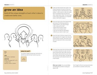 IMAGINE ACTIVITY 3                                                                                                                                                                 IMAGINE ACTIVITY 3

                                                                                                          1   Collect all ideas people have made so far.

grow an idea                                                                                                  Divide the group into teams of three and
                                                                                                              have them select an idea they think is inter-
                                                                                                              esting—in other words, an idea that makes
Build off the unique strengths of each other’s ideas to                                                       them immediately think of at least two
                                                                                                              other related ideas. (Note: This works best
create even better ones.
                                                                                                              if every idea you generate is on a separate
                                                                                                              sheet or half-sheet of paper.)

IMAGINE: Grow an Idea
                                                                                                          2   Have each team look at the selected idea
                                                                                                              and answer the following questions:
                                                                                                              •  hat problem is this idea solving?
                                                                                                                W
                                                                                                              •  ho could use this idea?
                                                                                                                W
                                                                                                              •  here will this idea be used?
                                                                                                                W
                                                                                                              •  hen can this idea be used?
                                                                                                                W
                                                                                                              •  ow can we make this idea better?
                                                                                                                H
                                                                                                              •  hat do you need to make it real?
                                                                                                                W


                                                                                                          3   Have each team use their answers to the
                                                                                                              above questions to imagine more ideas for
                                                                                                              at least twenty minutes. Have them write
                                                                                                              each new idea and its title on new sheets
                                                                                                              of paper.




                                                                                                          4   Have each team place their top three ideas
                                  where to next?                                                              in a location everyone can see. Let each
time                                                                                                          team present their ideas. After everyone
1 hr.                             Try another Imagine activity like ‘Cull the Set’ to                         has shared, invite everyone to put a star
                                  identify key ideas the team wants to pursue.                                next to their top three ideas. The ideas with
roles
Participants, 1 facilitator                                                                                   the most stars are the ideas the team will
                                       Cull                                                                   move forward.
materials
                                     the Set
Printer-size paper (8.5” x 11”)
or larger, pens
optional: camera, markers
                                                                                                              When you’re done: Try out some Make             Don’t forget to fill out a Learning Card when
                                                                                        fold along line




                                                                                                              Something Real activities to bring your         you transition to another activity area.
                                                                                                              ideas to life!



frog collective action toolkit                                                                                                                                                     www.frogdesign/CAT
 