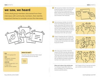 SEEK ACTIVITY 3                                                                                                                                                                  SEEK ACTIVITY 3

                                                                                                     1   After your group members have interviewed

we saw, we heard                                                                                         at least five people in the community that
                                                                                                         they had identified, bring your group to-
                                                                                                         gether and give each person five minutes to
Share what group members discovered from their                                                           write out the three most interesting answers
                                                                                                         they’d received in their interviews.
interviews with community members, then identify
important themes to consider across the interviews.
SEEK: We Saw, We Heard
                                                                                                     2   Have each group member act out their
                                                                                                         three most interesting answers for the
                                                                                                         group, pretending to be the person they’d
                                                                                                         interviewed by emulating how they speak
                                                                                                         and their body language. If group members
                                                                                                         want to, they can also share a one-sentence
                                                                                                         description of why each answer was so
                                                                                                         interesting to them after each answer.


                                                                                                     3   People in the group who aren’t acting out
                                                                                                         answers are required to draw, sketch, write,
                                                                                                         or make collages that represent the needs
                                                                                                         of each person that had been interviewed
                                                                                                         by a group member.




                                                                                                     4   After every group member shares the
                                  where to next?                                                         answers from their interview, ask everyone
time                                                                                                     to post what they had recorded on the wall.
45 min. for a group of 10         Try another Seek activity like ‘Pattern Quest’                         Then have a discussion about what people
                                  to find similarities across interviews                                 heard: what stood out to them, the similar-
roles
Participants, 1 facilitator,                                                                             ities and differences between what group
multiple recorders                  Pattern
                                                                                                         members had created, and so forth.

materials                            Quest
Printer-size paper (8.5” x 11”)
or larger, pens                                                                                          When you’re done in this activity area:        Don’t forget to fill out a Learning Card when
optional: camera, markers                                                                                Try moving to Imagine More Ideas to            you transition to another activity area.
                                                                                   fold along line




                                                                                                         act on something in your interviews that
                                                                                                         inspired a potential solution.



frog collective action toolkit                                                                                                                                          www.frogdesign.com/CAT
 