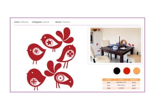 Linha: Estilizado Categoria: Animal        Nome: Pássaros
___________________________________________________________________________________________________________________________________




                                                                                               CÓDIGO        CORES        TAMANHO

                                                                                                0046      Vermelho Vivo    40x52

                                                                                                0047       Preto Fosco     40x52

                                                                                                0048         Laranja       40x52
 