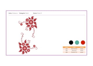 Linha: Arabesco Categoria: Floral          Nome: Flores 01
_____________________________________________________________________________________________________________________________________




                                                                                                 CÓDIGO        CORES         TAMANHO

                                                                                                   0022     Verde Turquesa    40x100

                                                                                                   0023      Preto Fosco      40x100

                                                                                                   0024     Vermelho Vivo     40x100
 