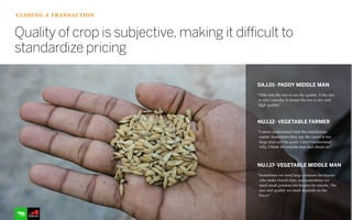 DA.I.01- PADDY MIDDLE MAN
“I bite into the rice to see the quality. If the rice
is very crunchy, it means the rice is dry and
high quality.”
NU.I.12- VEGETABLE FARMER
“I never understand what the middleman
wants. Sometimes they say the carrot is too
large and can’t be good. I don’t understand
why, I think the middle man just cheats us”
Quality of crop is subjective, making it difficult to
standardize pricing
CLOSING A TRANSACTION
NU.I.17- VEGETABLE MIDDLE MAN
“Sometimes we need large potatoes for buyers
who make french fries, and sometimes we
need small potatoes for buyers for resorts. The
size and quality we need depends on the
buyer”
 