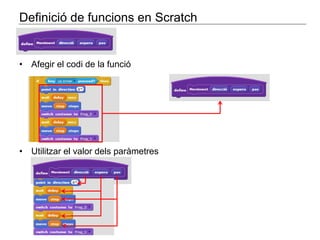 Definició de funcions en Scratch 
• Afegir el codi de la funció 
• Utilitzar el valor dels paràmetres 
 
