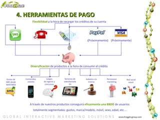 4. HERRAMIENTAS DE PAGO Flexibilidad  a la hora de recargar los créditos de su cuenta ( Próximamente ) (Próximamente) Diversificación  de productos a la hora de consumir el crédito Envíos de SMS desde WAP/WEB Contenidos móviles Servicios de videollamada 3G Permission marketing Red social móvil  Juegos de ingenio y concursos Subasta a la inversa A través de nuestros productos conseguirá  eficazmente una BBDD  de usuarios  totalmente segmentadas: gustos, marca/modelo, móvil, sexo, edad, etc.… ? 