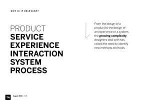 PRODUCT
SERVICE
EXPERIENCE 
INTERACTION 
SYSTEM
PROCESS
From the design of a
product to the design of
an experience or a system,
the growing complexity
designers deal with has
raised the need to identify
new methods and tools.
August 2015 | iHUB
W H Y I S I T R E L E VA N T ?
 