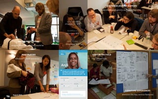 SIGNATURE EXPERIENCES
envision the key service features
CUSTOMER JOURNEY MAPPING
understand pain points and opportunities
ROUGH PROTOTYPING
imagine how the solution could be
ROLE PLAYING
simulate future scenarios
A DAY IN THE FIELD
immersion
NEW YORK 
Alignment WS
 
KAMPALA 
Ideation WS 
 
 
NEW YORK 
Strategy WS
August 2015 | iHUB
 