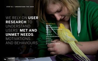 S T E P O 1 / U N D E R S TA N D T H E U S E R
August 2015 | iHUB
OUR SOFT SKILLS
CURIOSITY
PATTERN IDENTIFICATION
AFFINITY FOR COLLABORATION
LISTENING
TENACITY
FLEXIBILITY
QUICK DECISION MAKING
EMPATHY
DISCRETION
METICULOUSNESS
BEING A BIT OF A HUSTLER
WE RELY ON USER
RESEARCH TO
UNDERSTAND
USERS’ MET AND
UNMET NEEDS,
MOTIVATIONS  
AND BEHAVIOURS.
 