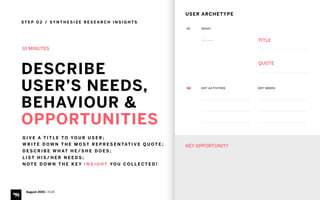 S T E P O 2 / S Y N T H E S I Z E R E S E A R C H I N S I G H T S
August 2015 | iHUB
DESCRIBE
USER’S NEEDS,
BEHAVIOUR &
OPPORTUNITIES
10 MINUTES
G I V E A T I T L E T O YO U R U S E R ;
W R I T E D O W N T H E M O S T R E P R E S E N TAT I V E Q U O T E ;
D E S C R I B E W H AT H E / S H E D O E S ;
L I S T H I S / H E R N E E D S ;
N O T E D O W N T H E K E Y I N S I G H T YO U C O L L E C T E D !
WHO?
DAY IN THE LIFE
Add a sketch Add a title
Add a quote
01
KEY ACTIVITIES KEY NEEDS02
03
Morning Night
KEY INSIGHTKEY OPPORTUNITY
TITLE
USER ARCHETYPE
QUOTE
 