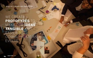 S T E P O 3 / I D E AT E A N D P R O T O T Y P E
August 2015 | iHUB
WE CREATE
PROTOTYPES TO
MAKE OUR IDEAS
TANGIBLE AND
EASIER TO
COMMUNICATE AND
EVOLVE.
 