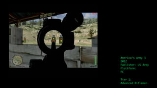 America‘s Army 3
2012
Publisher: US Army
Plattform:
PC

Tier 1:
Advanced Riflemen
 