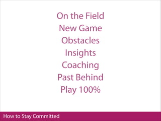 How to Stay Committed
On the Field
New Game
Obstacles
Insights
Coaching
Past Behind
Play 100%
 