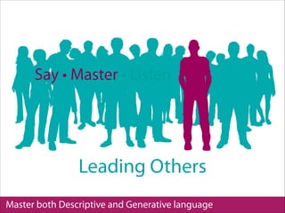 Master both Descriptive and Generative language
Leading Others
Say • Master • Listen
 