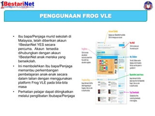 Harapan Kementerian Pelajaran Malaysia
PENGGUNAAN FROG VLE

•

•

•

Ibu bapa/Penjaga murid sekolah di
Malaysia, telah diberikan akaun
1BestariNet YES secara
percuma. Akaun tersedia
dihubungkan dengan akaun
1BestariNet anak mereka yang
bersekolah.
Ini membolehkan Ibu bapa/Penjaga
memantau perkembangan
pembelajaran anak-anak secara
dalam talian dengan menggunakan
platform Frog VLE pada bila-bila
masa
Perhatian pelajar dapat ditingkatkan
melalui penglibatan Ibubapa/Penjaga

 