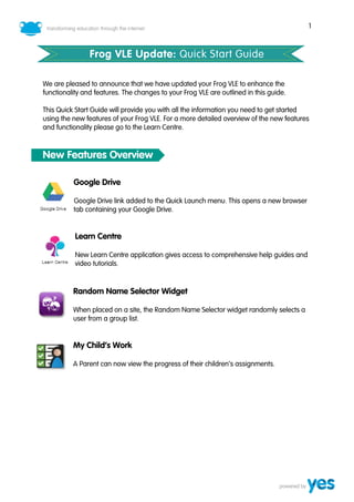 1
Frog VLE Update: Quick Start Guide
We are pleased to announce that we have updated your Frog VLE to enhance the
functionality and features. The changes to your Frog VLE are outlined in this guide.
This Quick Start Guide will provide you with all the information you need to get started
using the new features of your Frog VLE. For a more detailed overview of the new features
and functionality please go to the Learn Centre.
New Features Overview
Google Drive
Google Drive link added to the Quick Launch menu. This opens a new browser
tab containing your Google Drive.
Learn Centre
New Learn Centre application gives access to comprehensive help guides and
video tutorials.
Random Name Selector Widget
When placed on a site, the Random Name Selector widget randomly selects a
user from a group list.
My Child’s Work
A Parent can now view the progress of their children’s assignments.
 