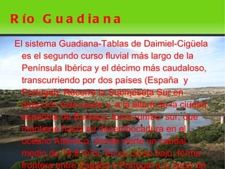R ío G u a d ia n a
  El sistema Guadiana-Tablas de Daimiel-Cigüela
    es el segundo curso fluvial más largo de la
    Península Ibérica y el décimo más caudaloso,
    transcurriendo por dos países (España y
    Portugal). Recorre la Submeseta Sur en
    dirección este-oeste y, a la altura de la ciudad
    española de Badajoz, toma rumbo sur, que
    mantiene hasta su desembocadura en el
    océano Atlántico, donde vierte un caudal
    medio de 78,8 m³/s. En su curso bajo, forma
 
    frontera entre España y Portugal a lo largo de
                            
 