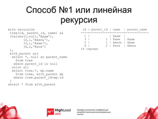 Способ №1 или линейная
                рекурсия
with recursive                      id | parent_id | name | parent_name
 tree(id, parent_id, name) as      ----+-----------+-------+-------------
 (values(1,null,'Адам'),             1 |           | Адам |
         (2,1,'Авель'),              3 |         1 | Каин | Адам
         (3,1,'Каин'),               2 |         1 | Авель | Адам
         (4,2,'Енох')                4 |         2 | Енох | Авель
 ),                                (4 строки)
 with_parent as(
   select *, null as parent_name
     from tree
    where parent_id is null
   union all
   select tree.*, wp.name
     from tree, with_parent wp
    where tree.parent_id=wp.id
 )
select * from with_parent
 