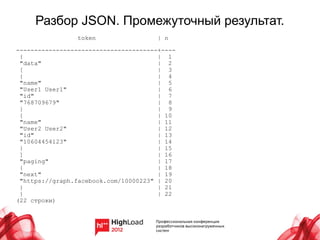 Разбор JSON. Промежуточный результат.
                token                 | n

---------------------------------------+----
 {                                     | 1
 "data"                                | 2
 [                                     | 3
 {                                     | 4
 "name"                                | 5
 "User1 User1"                         | 6
 "id"                                  | 7
 "768709679"                           | 8
 }                                     | 9
 {                                     | 10
 "name"                                | 11
 "User2 User2"                         | 12
 "id"                                  | 13
 "10604454123"                         | 14
 }                                     | 15
 ]                                     | 16
 "paging"                              | 17
 {                                     | 18
 "next"                                | 19
 "https://graph.facebook.com/10000223" | 20
 }                                     | 21
 }                                     | 22
(22 строки)
 