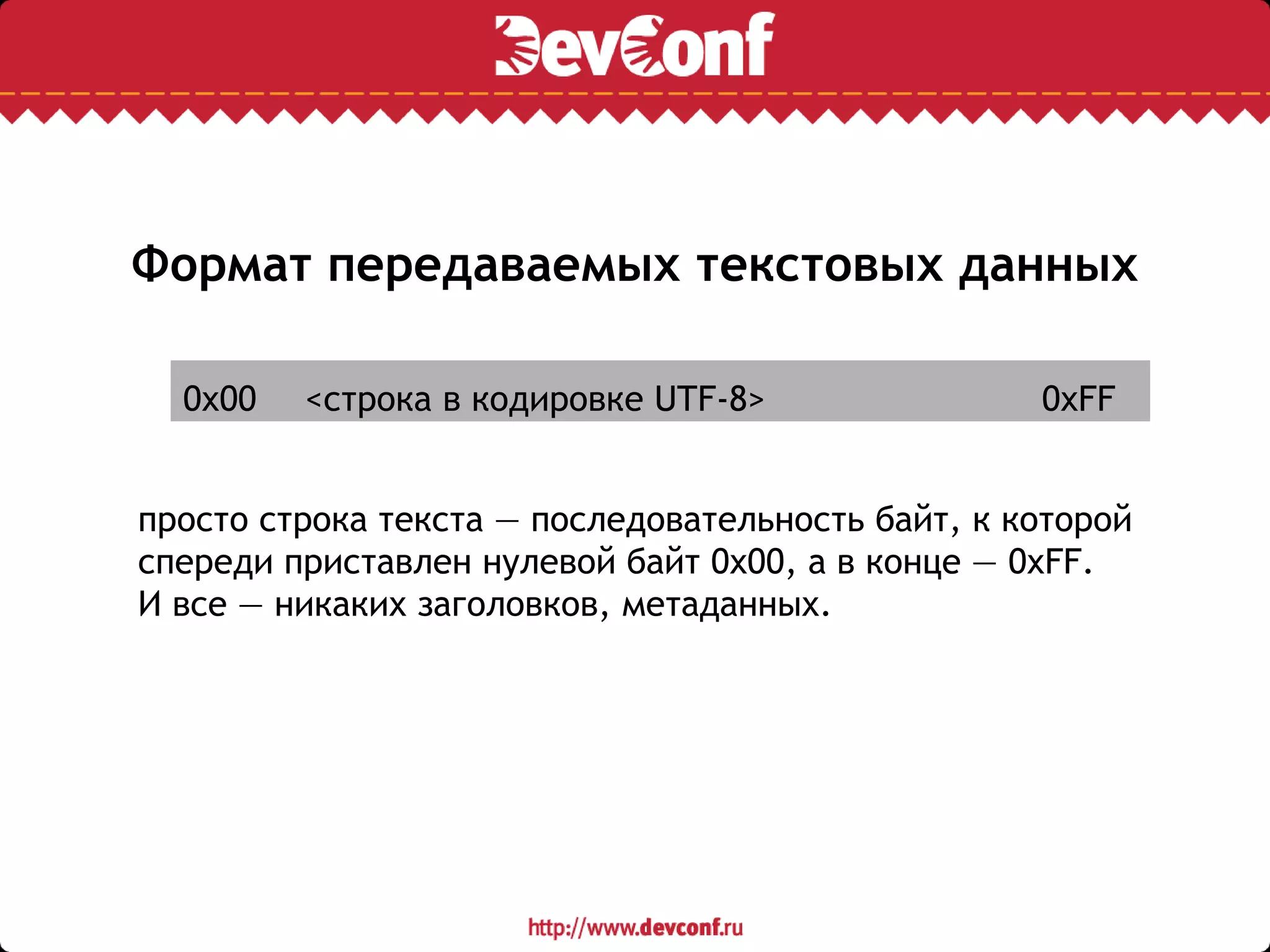 Формат передаваемых текстовых данных
0x00 <строка в кодировке UTF-8> 0xFF
просто строка текста — последовательность байт, к которой
спереди приставлен нулевой байт 0x00, а в конце — 0xFF.
И все — никаких заголовков, метаданных.
 
