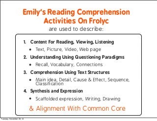 Emily’s Reading Comprehension
Activities On Frolyc
are used to describe:
1. Content For Reading, Viewing, Listening

• Tex...