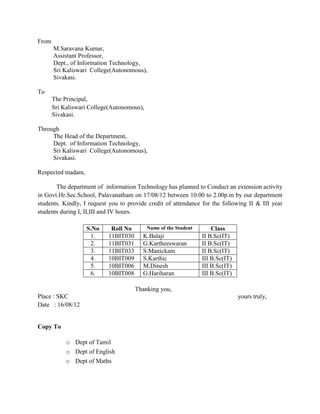 From
       M.Saravana Kumar,
       Assistant Professor,
       Dept., of Information Technology,
       Sri Kaliswari College(Autonomous),
       Sivakasi.

To
       The Principal,
       Sri Kaliswari College(Autonomous),
       Sivakasi.

Through
     The Head of the Department,
     Dept. of Information Technology,
     Sri Kaliswari College(Autonomous),
     Sivakasi.

Respected madam,

       The department of information Technology has planned to Conduct an extension activity
in Govt.Hr.Sec.School, Palavanatham on 17/08/12 between 10.00 to 2.00p.m by our department
students. Kindly, I request you to provide credit of attendance for the following II & III year
students during I, II,III and IV hours.

                   S.No     Roll No         Name of the Student       Class
                    1.     11BIT030     K.Balaji                  II B.Sc(IT)
                    2.     11BIT031     G.Kartheeswaran           II B.Sc(IT)
                    3.     11BIT033     S.Manickam                II B.Sc(IT)
                    4.     10BIT009     S.Karthic                 III B.Sc(IT)
                    5.     10BIT006     M.Dinesh                  III B.Sc(IT)
                    6.     10BIT008     G.Hariharan               III B.Sc(IT)

                                      Thanking you,
Place : SKC                                                                      yours truly,
Date : 16/08/12


Copy To

            o Dept of Tamil
            o Dept of English
            o Dept of Maths
 
