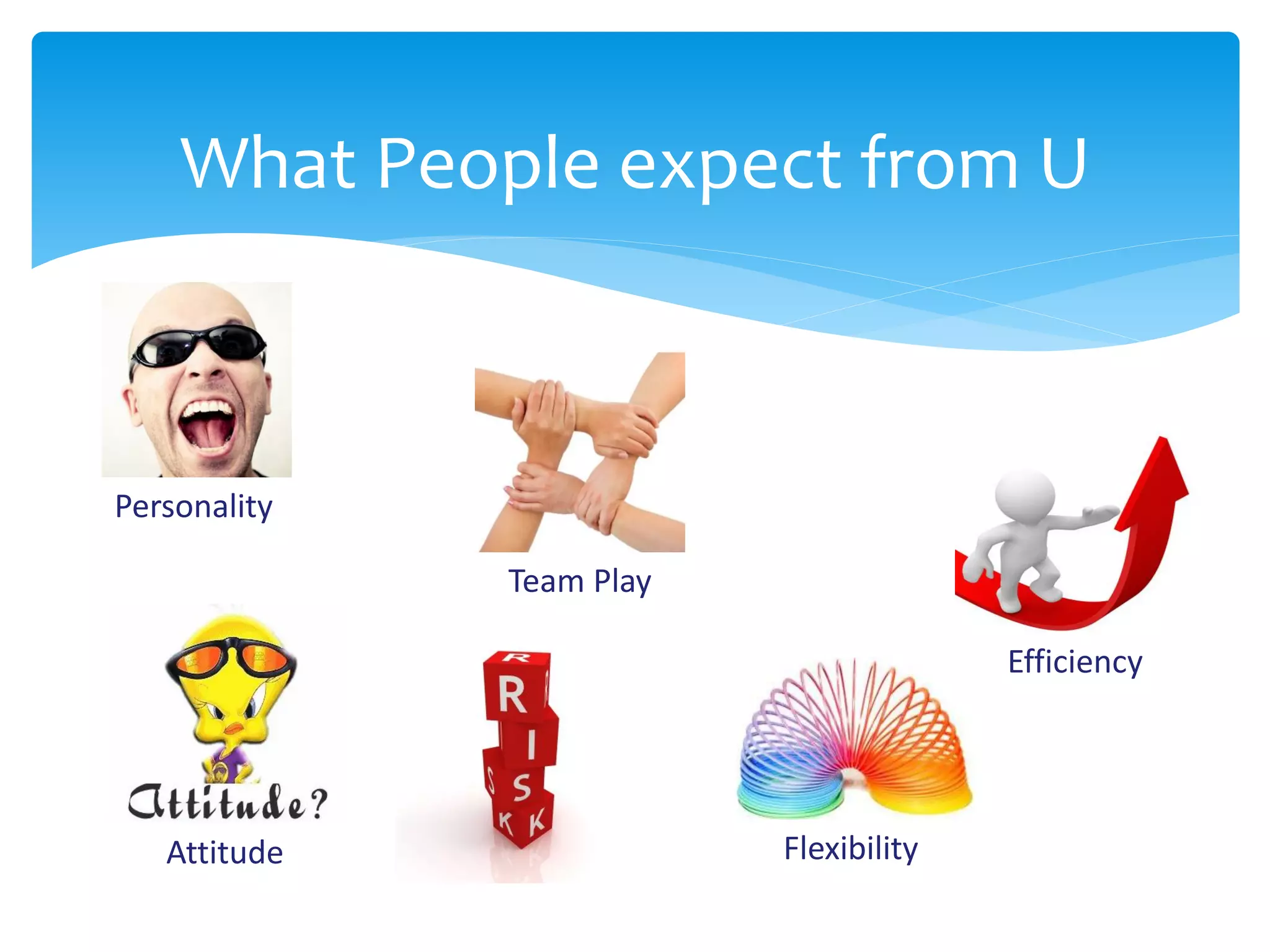 What People expect from U

Personality
Team Play
Efficiency

Attitude

Flexibility

 