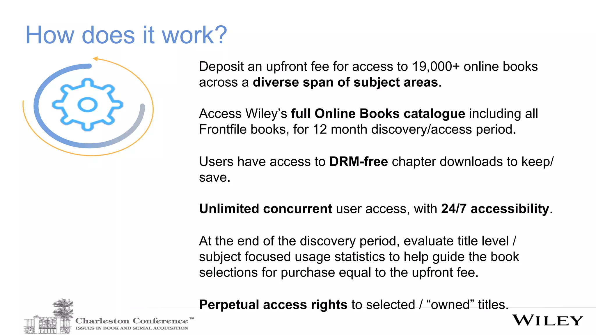 Deposit an upfront fee for access to 19,000+ online books
across a diverse span of subject areas.
Access Wiley’s full Online Books catalogue including all
Frontfile books, for 12 month discovery/access period.
Users have access to DRM-free chapter downloads to keep/
save.
Unlimited concurrent user access, with 24/7 accessibility.
At the end of the discovery period, evaluate title level /
subject focused usage statistics to help guide the book
selections for purchase equal to the upfront fee.
Perpetual access rights to selected / “owned” titles.
How does it work?
 