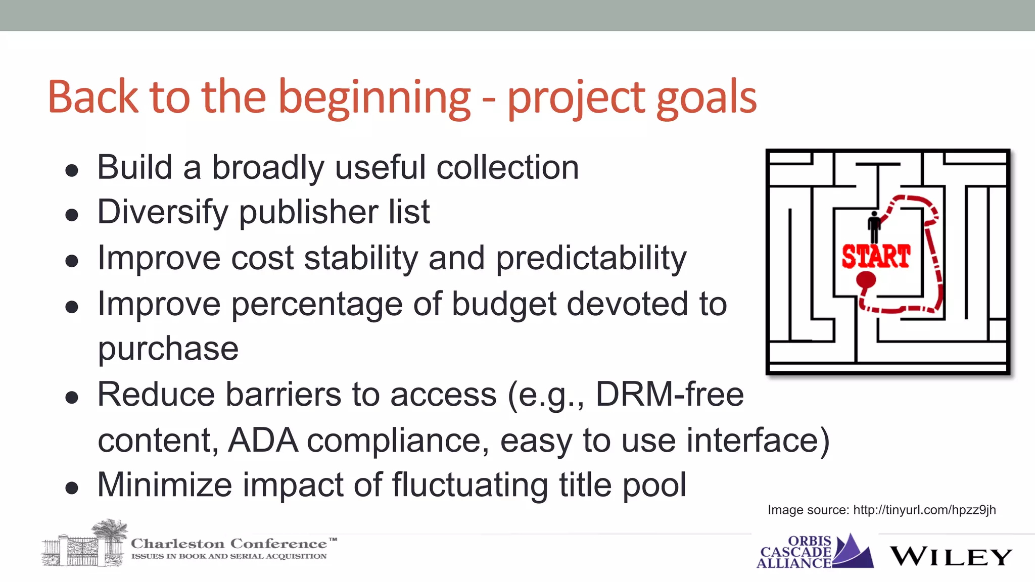 Back	to	the	beginning	-	project	goals	
●  Build a broadly useful collection
●  Diversify publisher list
●  Improve cost stability and predictability
●  Improve percentage of budget devoted to
purchase
●  Reduce barriers to access (e.g., DRM-free
content, ADA compliance, easy to use interface)
●  Minimize impact of fluctuating title pool
Image source: http://tinyurl.com/hpzz9jh
 