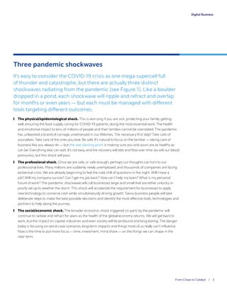 From Chaos to Catalyst / 3
Digital Business
Three pandemic shockwaves
It’s easy to consider the COVID-19 crisis as one mega-supercell full
of thunder and catastrophe, but there are actually three distinct
shockwaves radiating from the pandemic (see Figure 1). Like a boulder
dropped in a pond, each shockwave will ripple and refract and overlap
for months or even years — but each must be managed with different
tools targeting different outcomes.
	❙ The physical/epidemiological shock. This is worrying if you are sick, protecting your family, getting
well, ensuring the food supply, caring for COVID-19 patients, doing the most essential work. The health
and emotional impact to tens of millions of people and their families cannot be overstated. The pandemic
has unleashed a brand of carnage unwitnessed in our lifetimes. The necessary first step? Take care of
yourselves. Take care of the ones you love. Be safe. It’s natural to focus on the familiar — taking care of
business like you always do — but the real starting point is making sure you and yours are as healthy as
can be. Everything else can wait. It’s not easy, and the recovery will ebb and flow over time (as will our blood
pressures), but this shock will pass.
	❙ The professional shock. Once we are safe, or safe enough, perhaps our thoughts can turn to our
professional lives. Many millions are suddenly newly unemployed, and thousands of companies are facing
existential crisis. We are already beginning to feel the cold chill of questions in the night: Will I have a
job? Will my company survive? Can I get my job back? How can I help my team? What is my personal
future of work? The pandemic shockwave will cull businesses large and small that are either unlucky or
poorly set up to weather the storm. This shock will accelerate the requirement for businesses to apply
new technology to conserve cash while simultaneously driving growth. Savvy business people will take
deliberate steps to make the best possible decisions and identify the most effective tools, technologies and
partners to help along the journey.
	❙ The social/economic shock. The broader economic shock triggered (in part) by the pandemic will
continue to radiate and refract for years as the health of the global economy returns. We will get back to
work, but the impact on capital, industries and even society will be profound and long-lasting. The danger
today is focusing on worst-case scenarios, long-term impacts and things most of us really can’t influence.
Now is the time to put more focus — time, investment, mind share — on the things we can shape in the
near term.
 