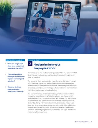 From Chaos to Catalyst / 9
Digital Business
POST-SHOCK PROBLEMS
	❙ “How can we get work
done when we can’t sit
together in the office?”
	❙ “We need a modern
employee experience to
improve recruiting and
retention.”
	❙ “Revenue declines
mean enhancing
productivity is a must!”
WHERE TO START
Modernize how your
employees work
Remember going into an office? Getting on a train? The TSA pat-down? We’ll
do all that again, but ideas and practices about how we work together will
never be the same.
The pandemic shock accelerates the imperative to be able to work from an
office,the home,the car,the ...well, anywhere! Assumptions about where
work happens are upended.Virtualizing work, collaborating from across the
street/block/state/globe, and creating a culture at a distance are now all core
curricula for business and technology leaders.
The near-term starting point is to immediately enable a remote workforce
in response to social distancing.Today’s employees seek the same high-
quality experience as a consumer using the best software.Old,slow,difficult-
to-use interfaces and systems hinder how employees interact,collaborate,
store and exchange information (documents,designs,etc.) and get work
done.Seamless,secure connections across web,mobile,voice,collaboration
systems,platforms and processes are part of the workplace of today and
tomorrow.We aren’t going backward,so the time is now to get ahead of the
modern employee experience.
3
 