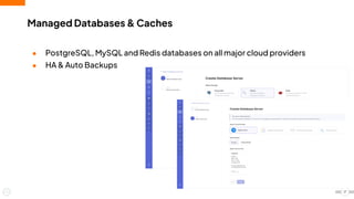 ● PostgreSQL, MySQL and Redis databases on all major cloud providers
● HA & Auto Backups
Managed Databases & Caches
17
 
