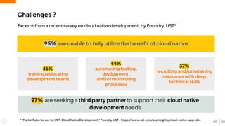 5
Challenges ?
Excerpt from a recent survey on cloud native development, by Foundry, UST*
* "MarketPulse Survey for UST: Cloud Native Development," Foundry, UST - https://www.ust.com/en/insights/cloud-native-app-dev
37%
recruiting and/or retaining
resources with deep
technical skills
46%
training/educating
development teams
44%
automating testing,
deployment,
and/or monitoring
processes
97% are seeking a third party partner to support their cloud native
development needs
95% are unable to fully utilize the beneﬁt of cloud native
 