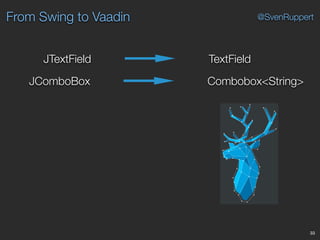 From Swing to Vaadin
33
@SvenRuppert
TextFieldJTextField
JComboBox Combobox<String>
5
S T O R Y A N D P H I L O S O P H Y
...