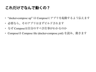 これだけでなんで動くの？
• “docker-compose up” は Composeにアプリを起動するよう伝えます
• 必要なら、そのアプリはまずビルドされます
• なぜ Composeは自分のすべき仕事がわかるのか
• Composeは Compose ﬁle (docker-compose.yml) を読み、動きます
 