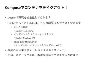Composeでコンテナをテイクアウト！
• Dockerは環境を抽象化してくれます
• Dockerホストさえあれば、どんな環境にもデプロイできます
- ローカル環境
（Docker Toolboxで）
- オンデマンドなクラウドインスタンス
（Docker Machineで）
- Bring-Your-Own-Server
（オンプレやハイブリッドクラウドのために）
• 抵抗のない乗り換え（& コンテキストスイッチ）
• では、スケーラブルに、本番環境にデプロイする方法は？
 