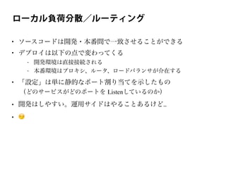 ローカル負荷分散／ルーティング
• ソースコードは開発・本番間で一致させることができる
• デプロイは以下の点で変わってくる
- 開発環境は直接接続される
- 本番環境はプロキシ、ルータ、ロードバランサが介在する
• 「設定」は単に静的なポート割り当てを示したもの
（どのサービスがどのポートを Listenしているのか）
• 開発はしやすい。運用サイドはやることあるけど..
• 😏
 