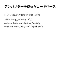 アンバサダーを使ったコードベース
• よく知られたDNS名を使います
$db = mysql_connect(“db”);
cache = Redis.new(:host => “redis”)
conn, err := net.Dial(“tcp”, “api:8000”)
 