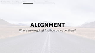 ALIGNMENT
Where are we going? And how do we get there?
Psychological Safety Decision Making Alignment Focus Metrics
 