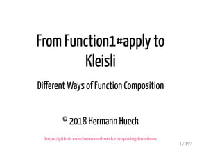 From Function1#apply to
Kleisli
Di!erent Ways of Function Composition
© 2018 Hermann Hueck
https://github.com/hermannhueck/composing-functions
1 / 197
 
