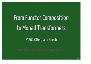 From Functor Composition
to Monad Transformers
© 2018 Hermann Hueck
https://github.com/hermannhueck/monad-transformers
1 / 91
 