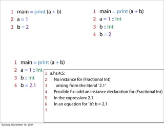 1 main = print (a + b)                        1   main = print (a + b)
       2 a=1                                         2   a = 1 :: Int
       3 b=2                                         3   b :: Int
                                                     4   b=2




         1    main = print (a + b)
         2    a = 1 :: Int
                           1 a.hs:4:5:
         3    b :: Int     2 No instance for (Fractional Int)
         4    b = 2.1      3    arising from the literal `2.1'
                            4   Possible ﬁx: add an instance declaration for (Fractional Int)
                            5   In the expression: 2.1
                            6   In an equation for `b': b = 2.1
                            7


Sunday, November 13, 2011
 
