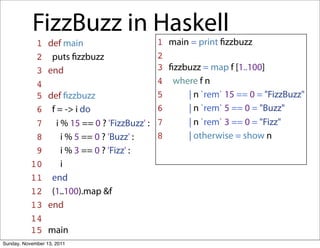 FizzBuzz in Haskell
            1     def main                      1 main = print ﬁzzbuzz
            2      puts ﬁzzbuzz                 2
            3     end                           3 ﬁzzbuzz = map f [1..100]
            4                                   4 where f n
            5     def ﬁzzbuzz                   5     | n `rem` 15 == 0 = "FizzBuzz"
            6      f = -> i do                  6     | n `rem` 5 == 0 = "Buzz"
            7        i % 15 == 0 ? 'FizzBuzz' : 7     | n `rem` 3 == 0 = "Fizz"
            8          i % 5 == 0 ? 'Buzz' :    8     | otherwise = show n
            9        i % 3 == 0 ? 'Fizz' :
           10        i
           11      end
           12      (1..100).map &f
           13     end
           14
           15     main
Sunday, November 13, 2011
 