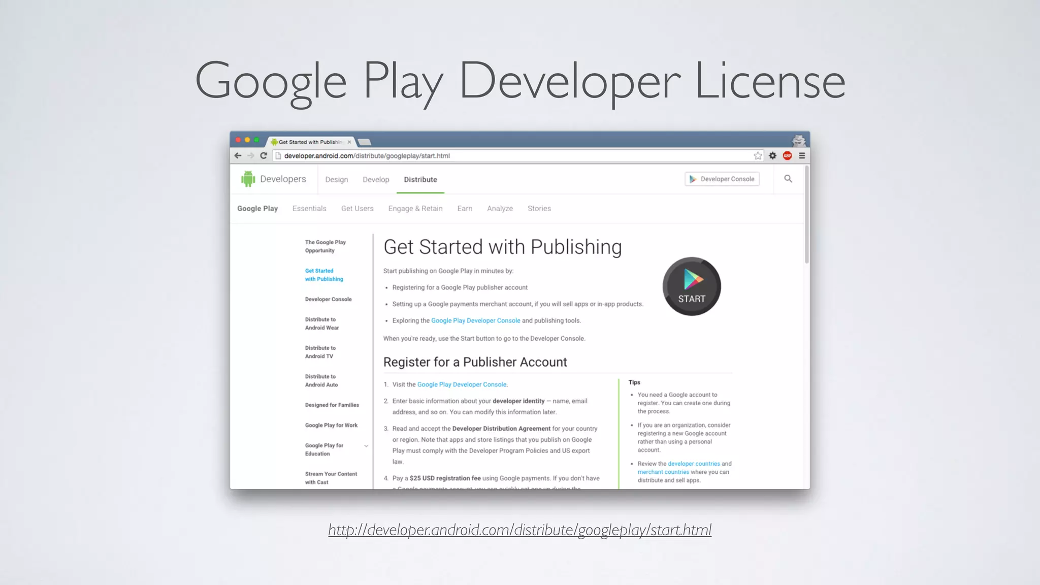 http://developer.android.com/distribute/googleplay/start.html
Google Play Developer License
 